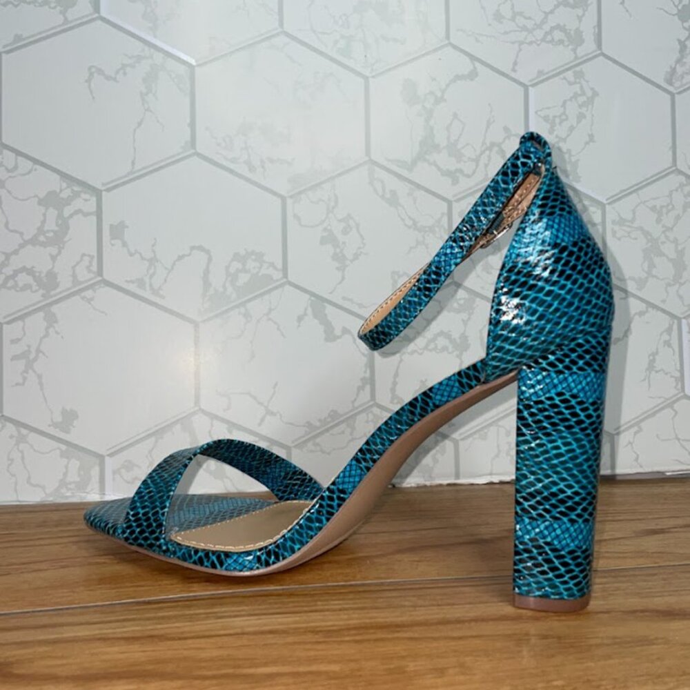 LOreal Blue Snake Print Heels | Metallic Blue Python Pattern Pumps | Y2K Statem